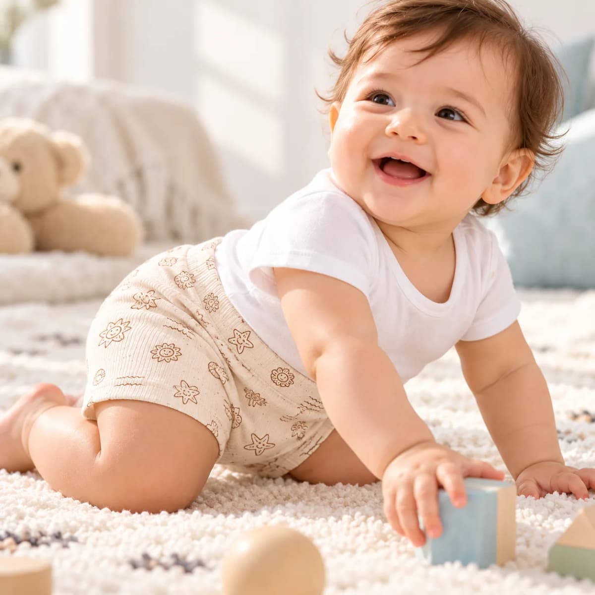 Baby crawling in beach print ribbed shorts