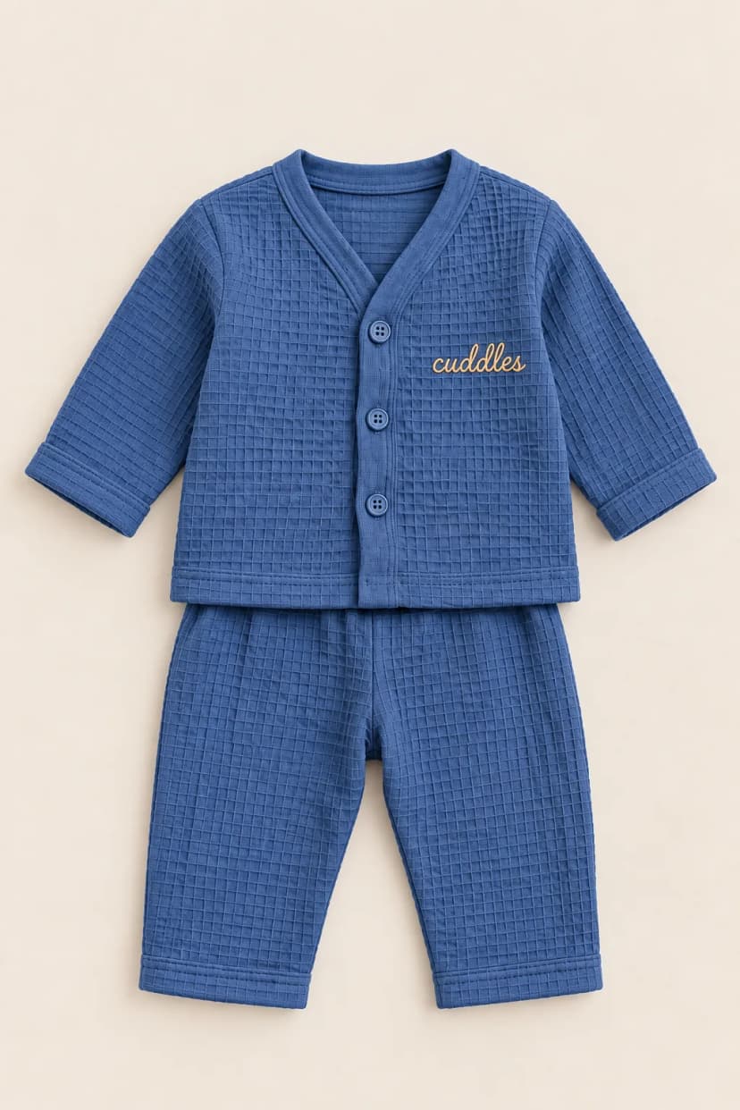 Slate Blue cotton waffle coord set with "cuddles" embroidery