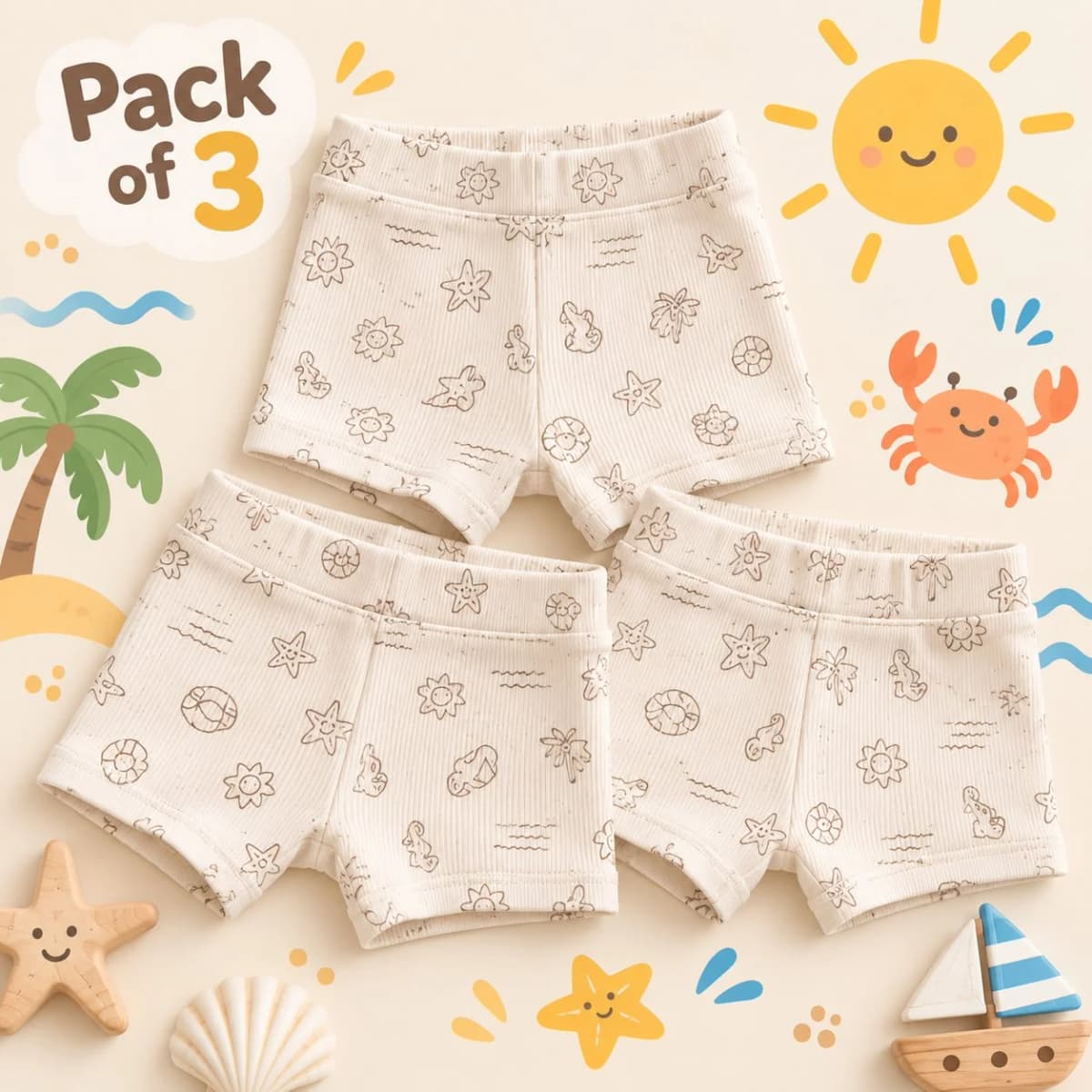 Pack of three beach print ribbed cotton baby shorts with sea and sun motifs