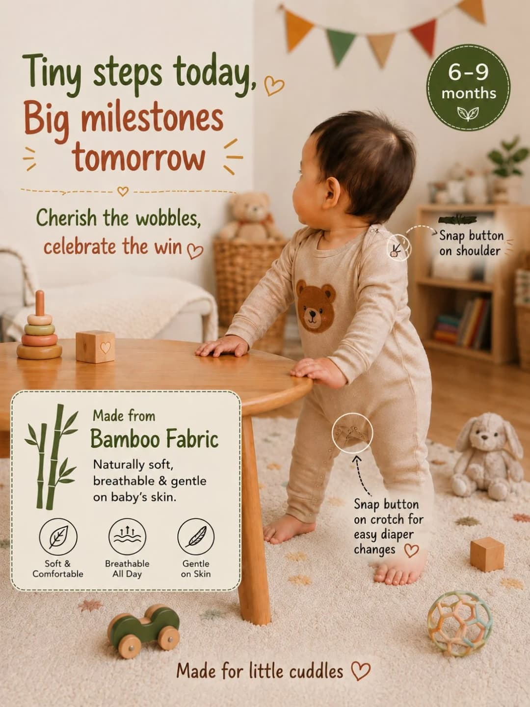 Baby wearing the Vanilla Oat bamboo cotton romper during tummy time, with size notes