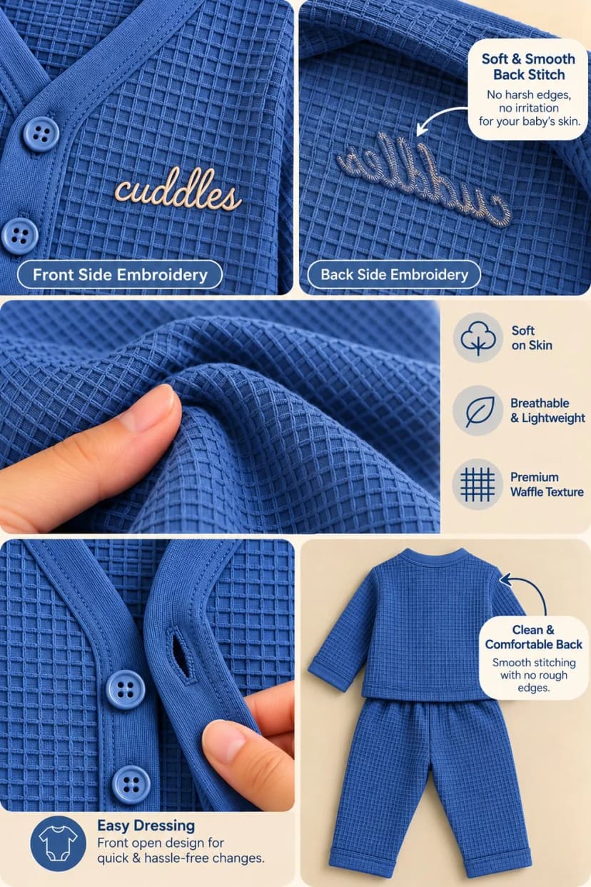 Embroidery and feature grid for the Slate Blue waffle coord set