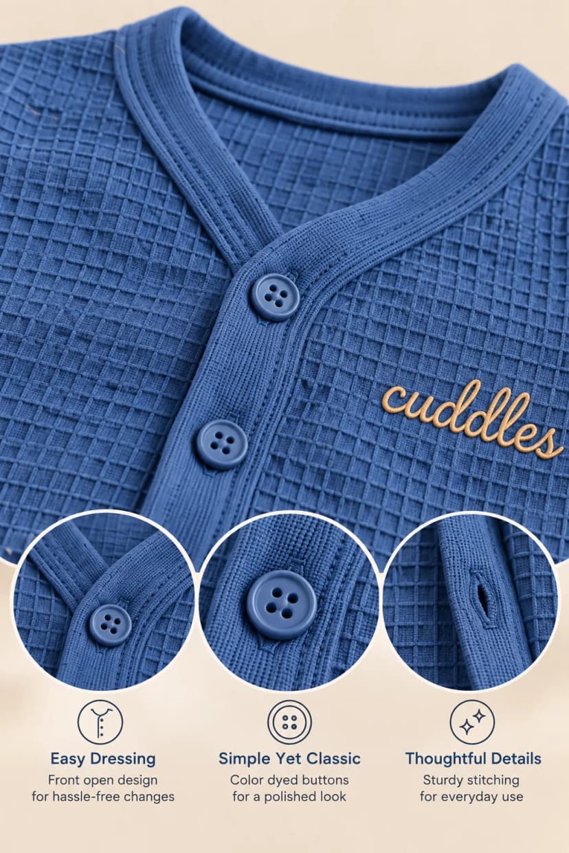 Front buttons and embroidery on the Slate Blue set
