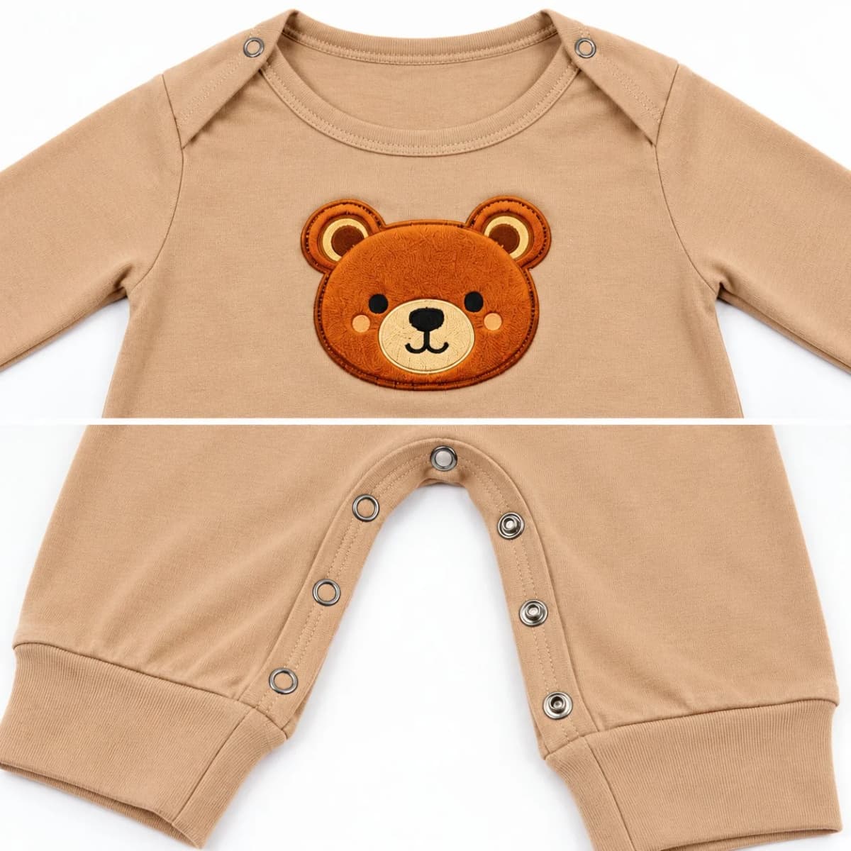 Shoulder and crotch snap buttons on the Vanilla Oat romper