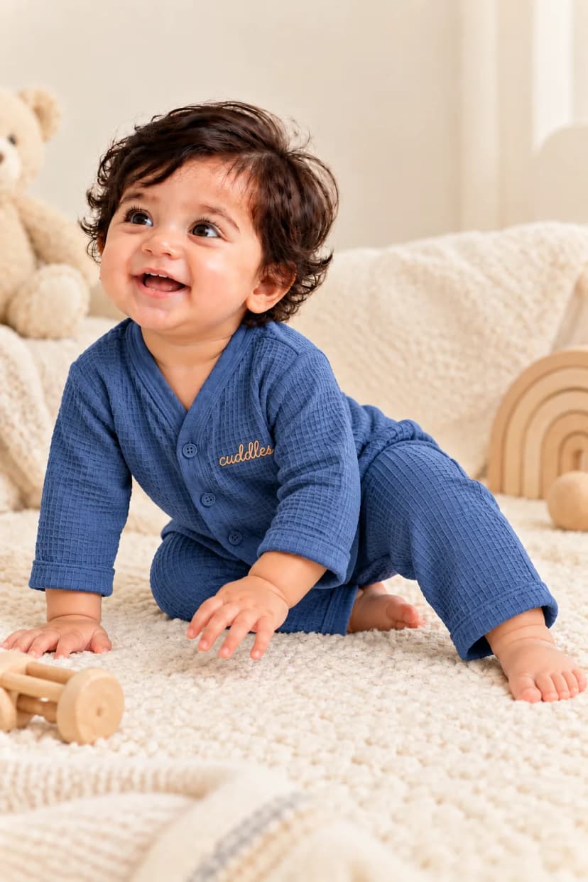 Baby sitting in the Slate Blue waffle coord set