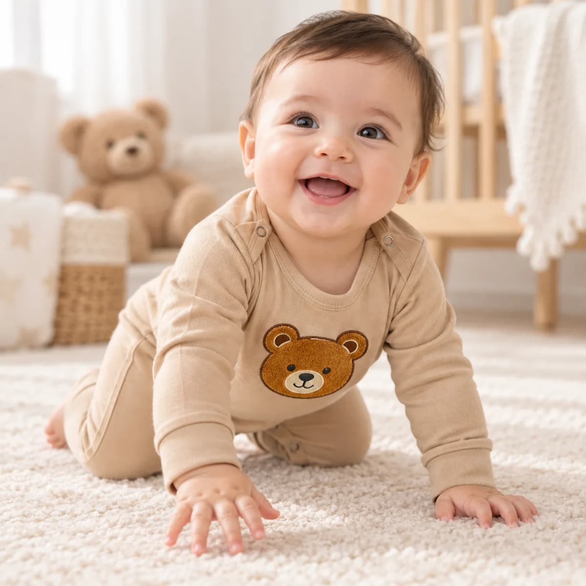 Baby crawling in the Vanilla Oat bear romper