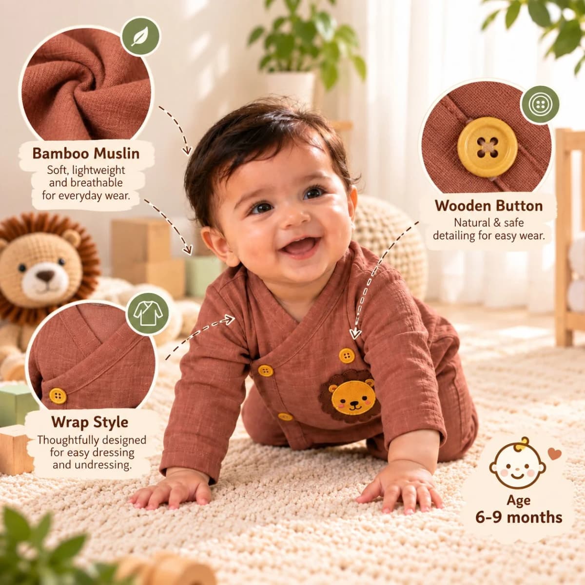 Baby in the lion bamboo muslin coord set with fabric and feature notes