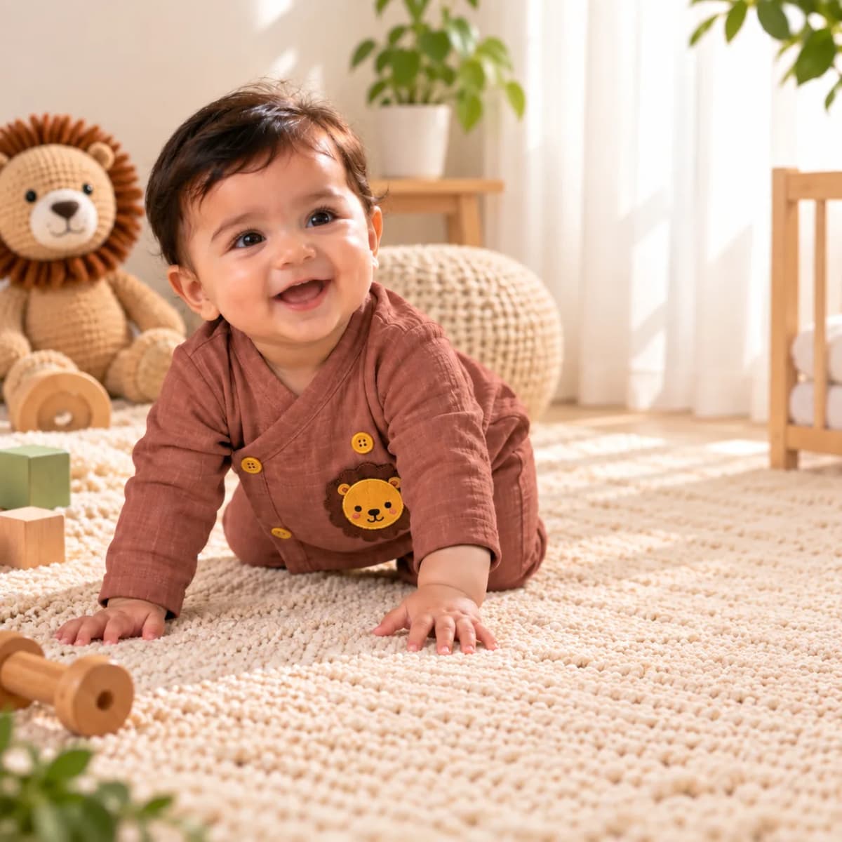 Baby sitting in the lion bamboo muslin coord set