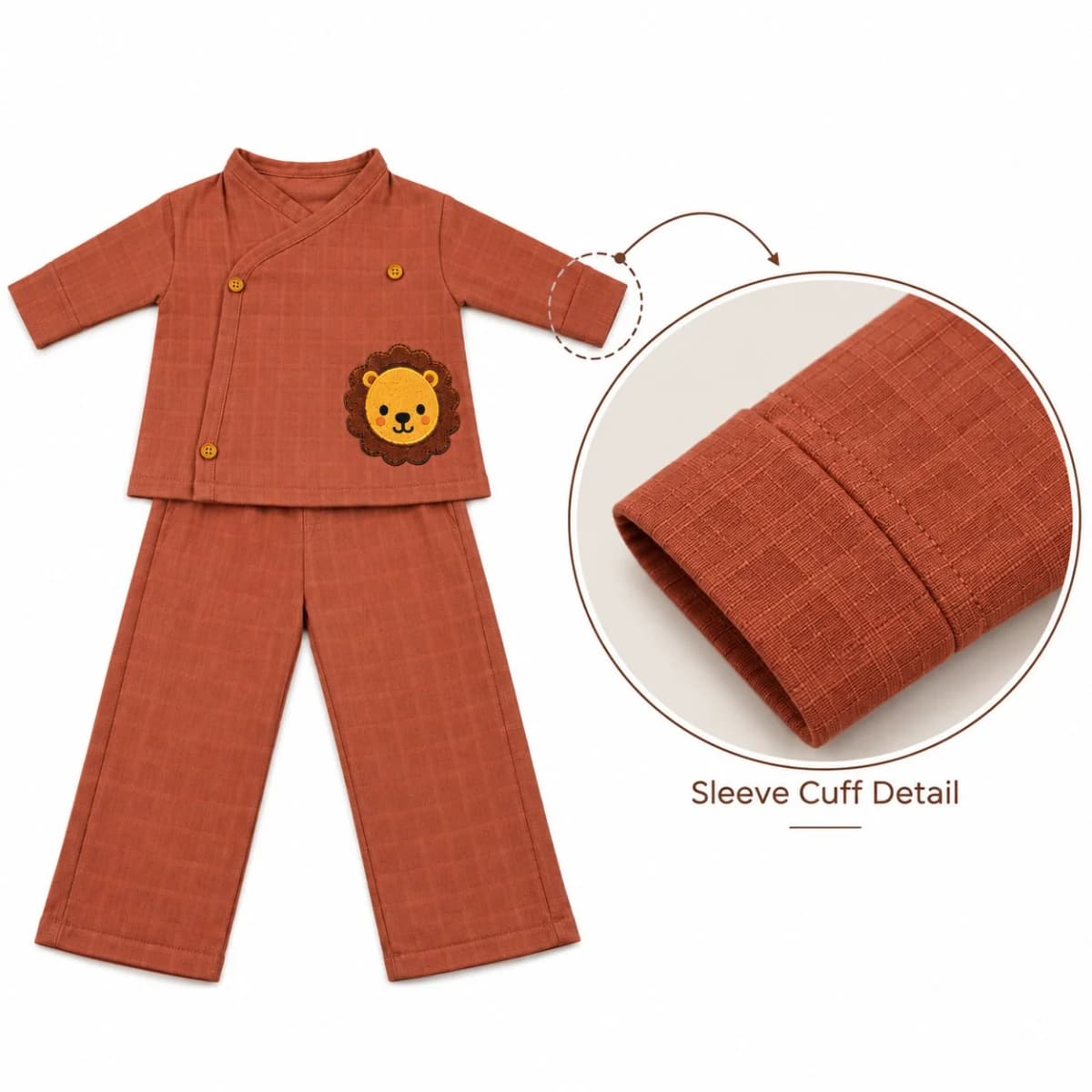 Sleeve-cuff detail on the lion bamboo muslin coord set