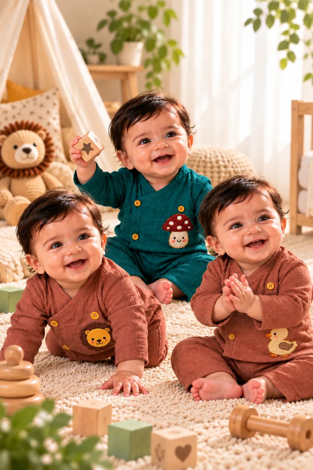 Three babies in KAVS bamboo muslin coord sets with lion, duck and mushroom designs